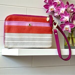 Fossil Keyper Pink Striped L Shaped Zipper Wristlet Hold iPhone